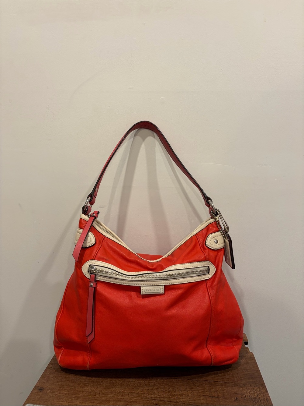 Coach Red Leather Shoulder Bag with Contrast Trim